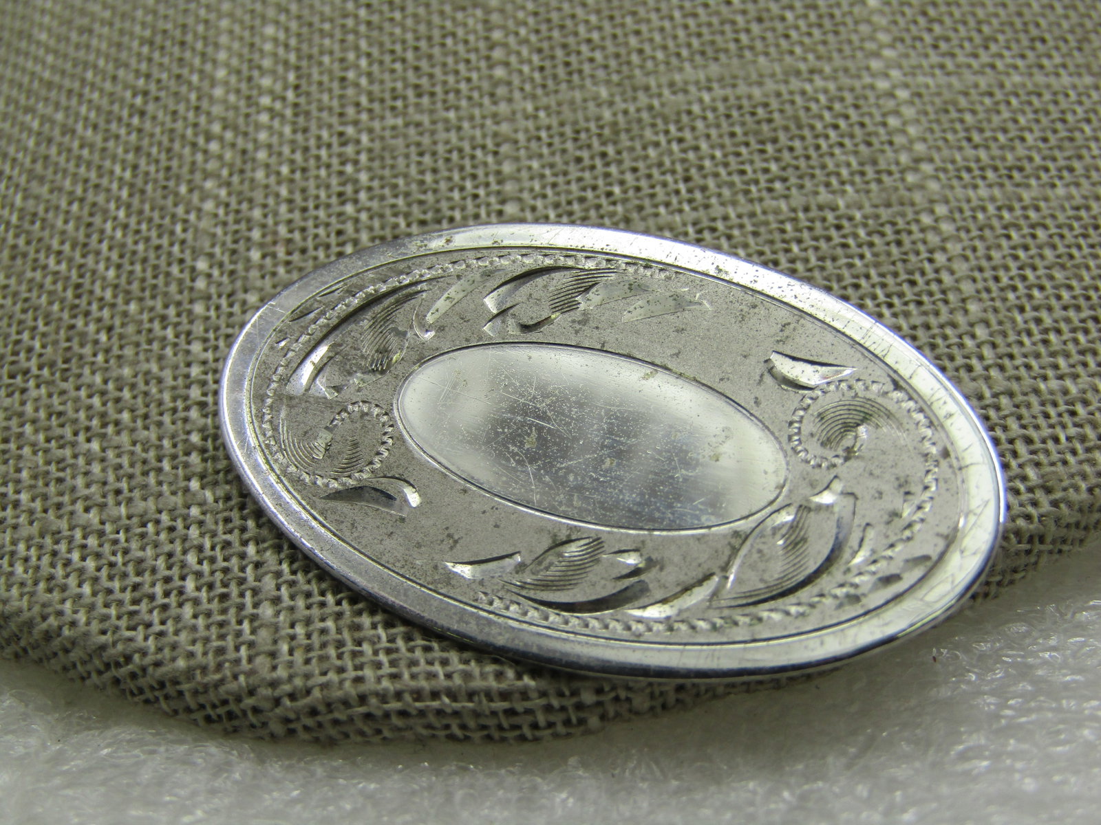 Vintage Sterling Oval Etched Scrolled Brooch, 1.75", 1960's - 3