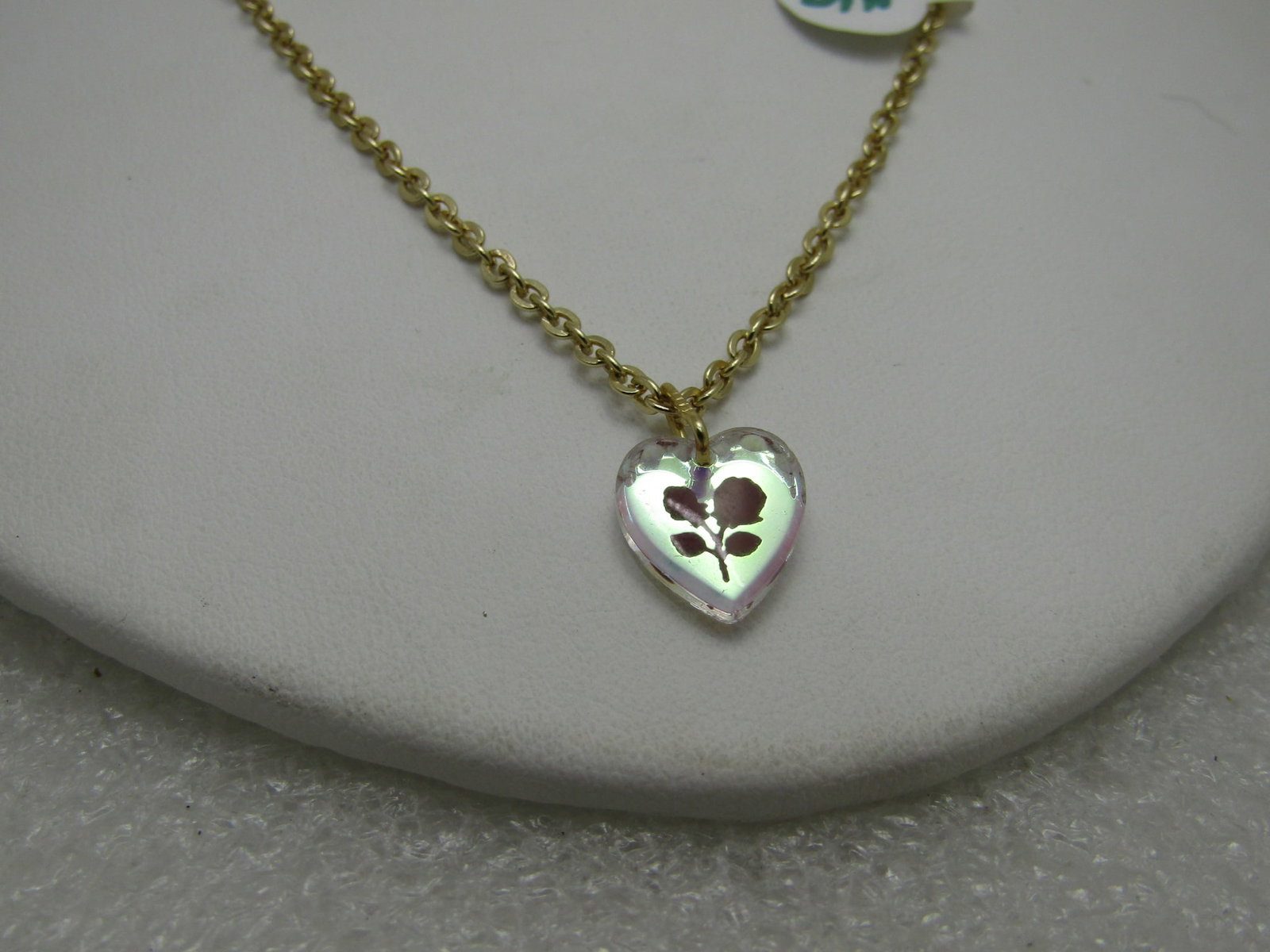 Vintage Aurora Borealis Rose Heart Necklace Germany Gold Tone 18" - 2