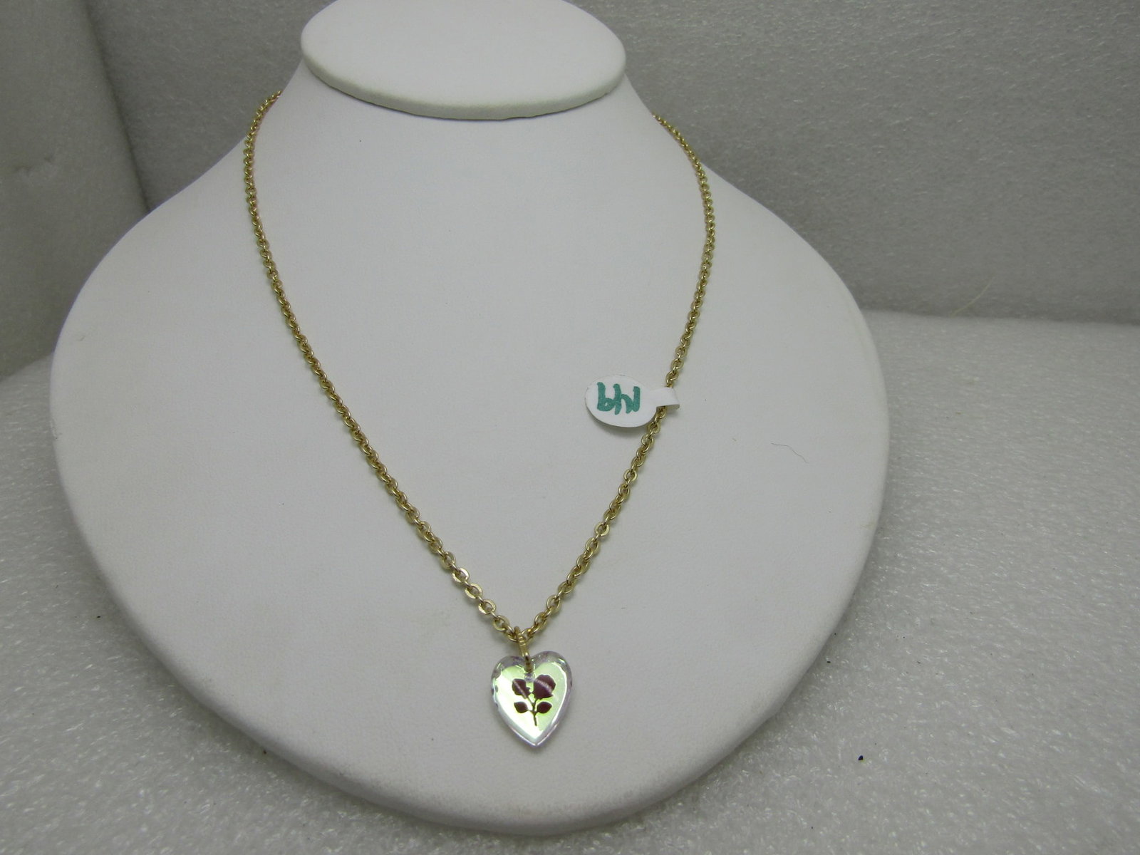 Vintage Aurora Borealis Rose Heart Necklace Germany Gold Tone 18" - 3