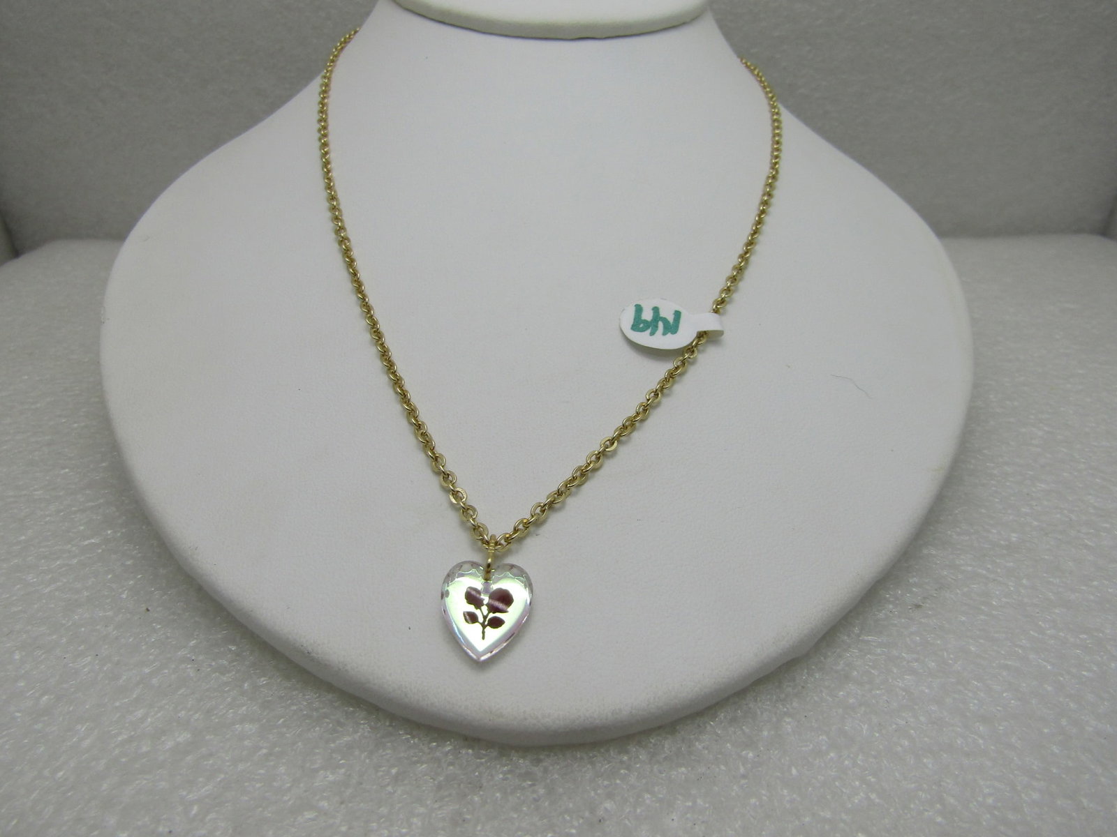 Vintage Aurora Borealis Rose Heart Necklace Germany Gold Tone 18" - 4