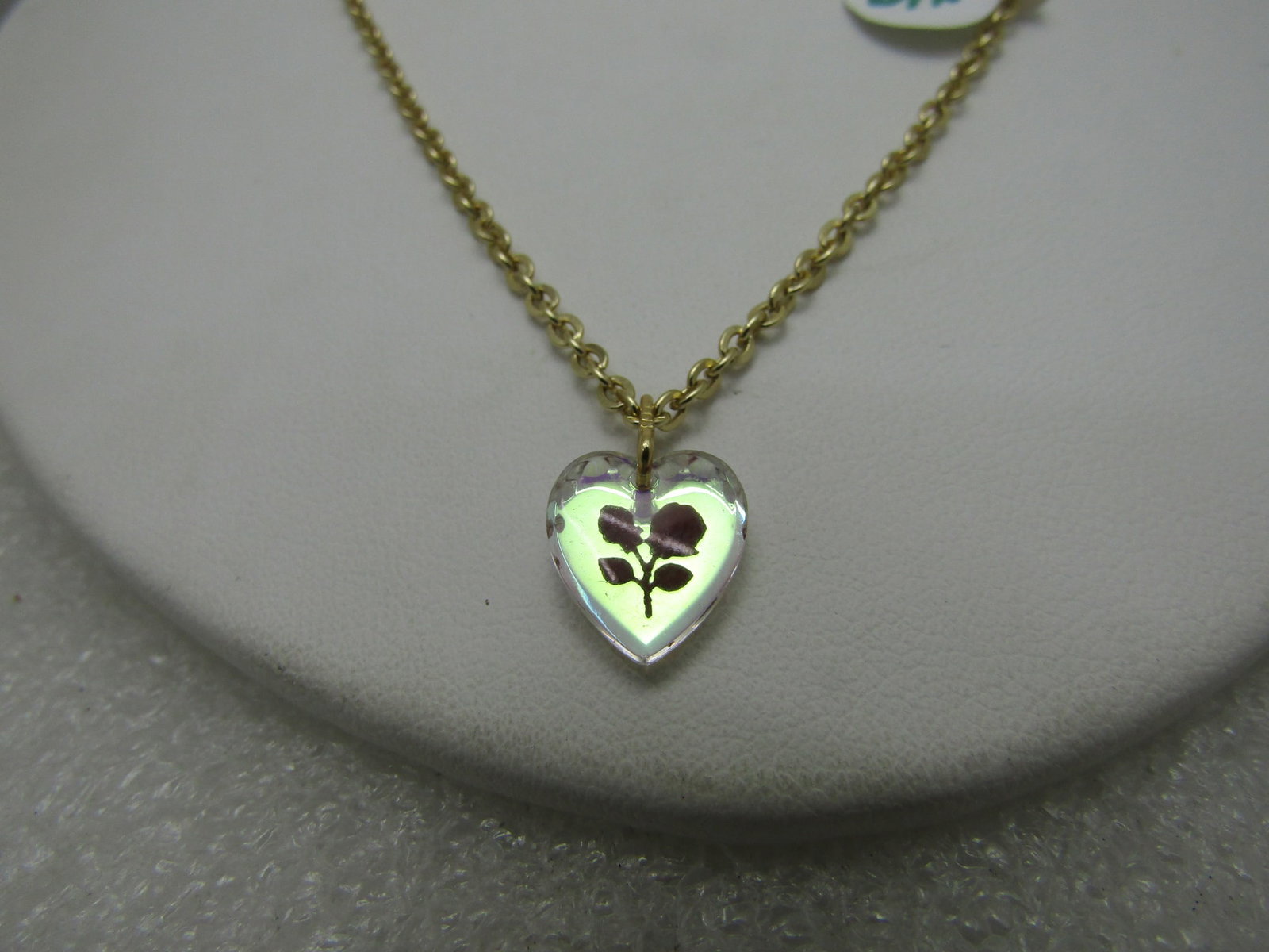 Vintage Aurora Borealis Rose Heart Necklace Germany Gold Tone 18" - 5