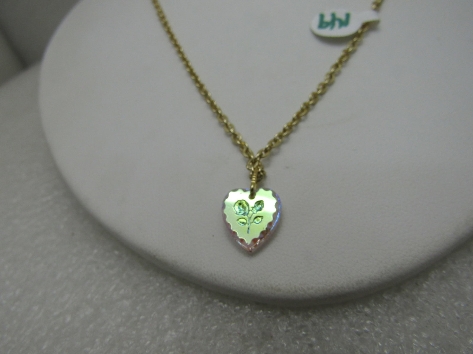 Vintage Aurora Borealis Rose Heart Necklace Germany Gold Tone 18" - 6