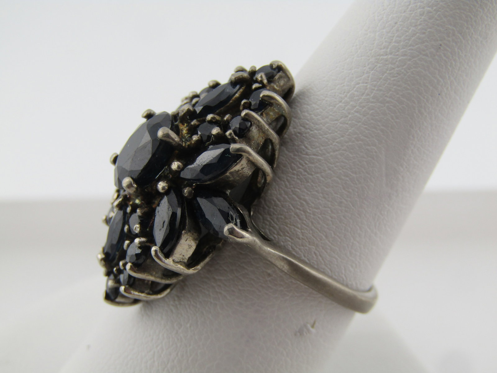 Vintage Sterling Dark Blue Lab Sapphire Cluster Ring, Sz. 9.5, 1990's - 2
