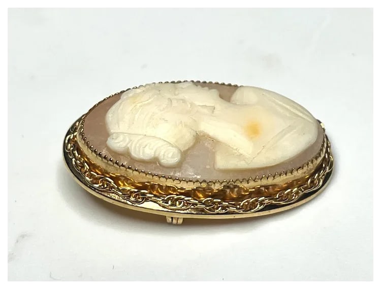 Vintage Oval Shell 12k GP Cameo Brooch/Pin - 5