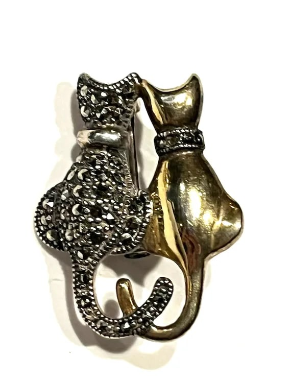 Vintage Sterling Silver Marcasite Couple of Cats- Lovers - 2