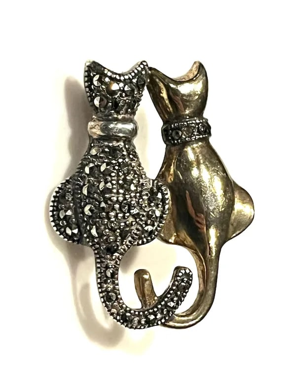 Vintage Sterling Silver Marcasite Couple of Cats- Lovers - 3