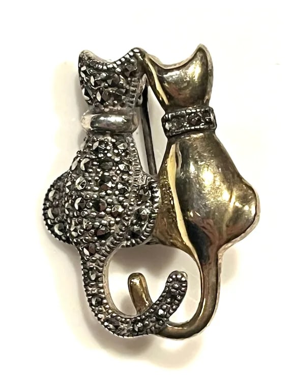 Vintage Sterling Silver Marcasite Couple of Cats- Lovers - 4