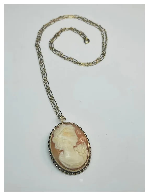 Vintage Shell Cameo Pendant/ Brooch on 12k Gold Chain - 2