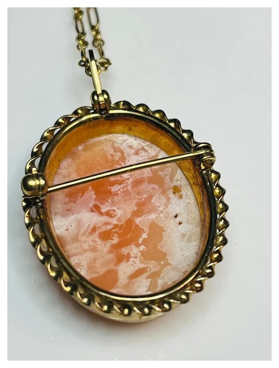 Vintage Shell Cameo Pendant/ Brooch on 12k Gold Chain - 5