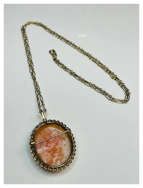 Vintage Shell Cameo Pendant/ Brooch on 12k Gold Chain - 7