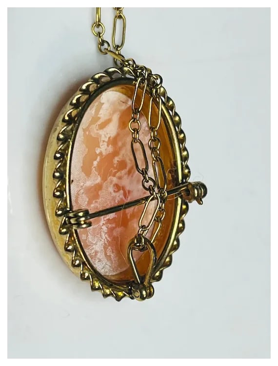 Vintage Shell Cameo Pendant/ Brooch on 12k Gold Chain - 8