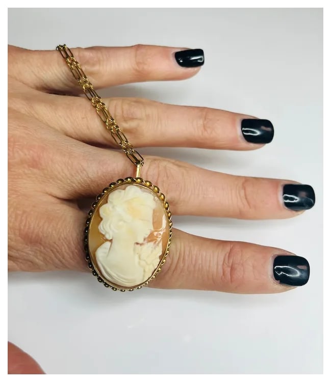 Vintage Shell Cameo Pendant/ Brooch on 12k Gold Chain - 9
