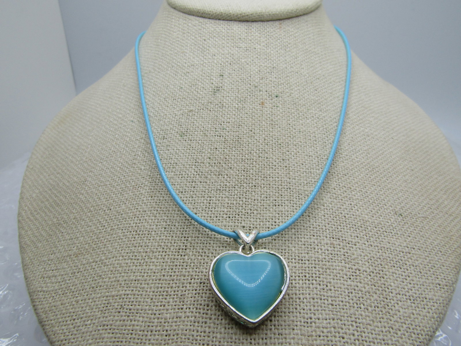 Aqua Faux Mother-of-Pearl Heart Necklace, 20" Aqua Cord - 2