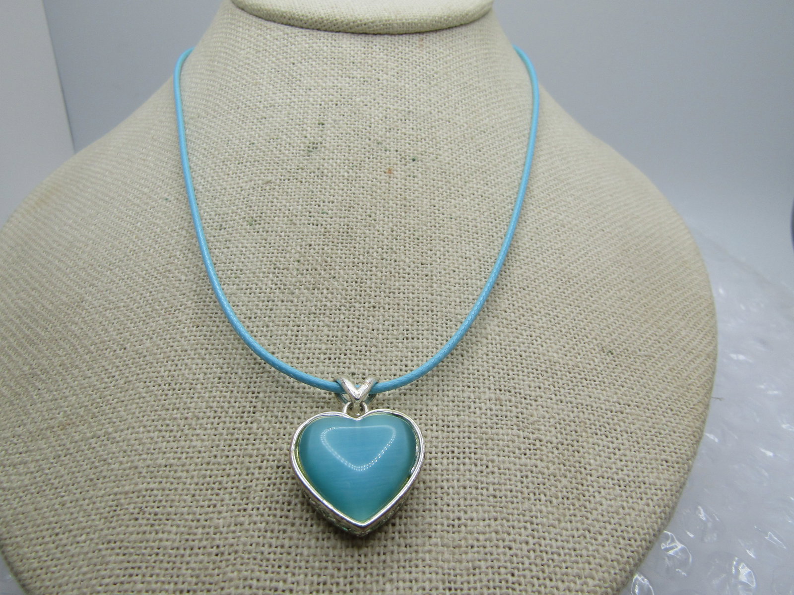 Aqua Faux Mother-of-Pearl Heart Necklace, 20" Aqua Cord - 3