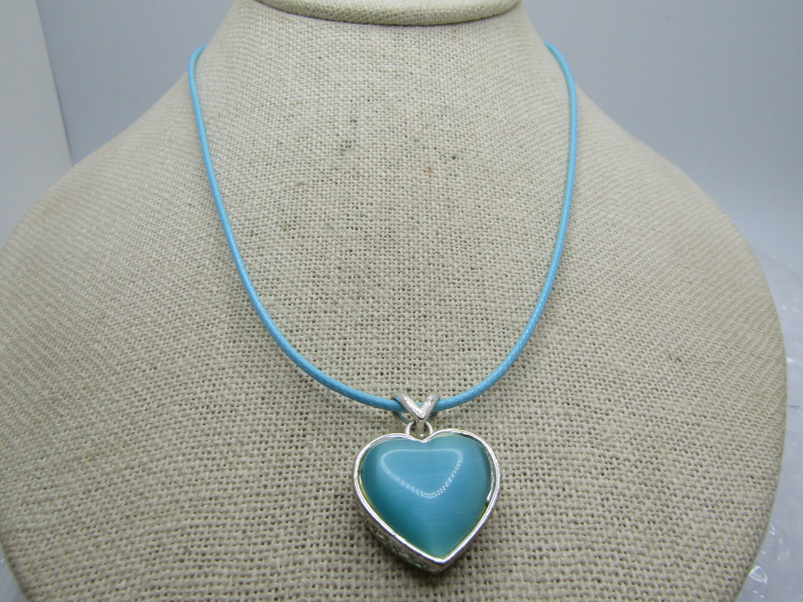 Aqua Faux Mother-of-Pearl Heart Necklace, 20" Aqua Cord - 4