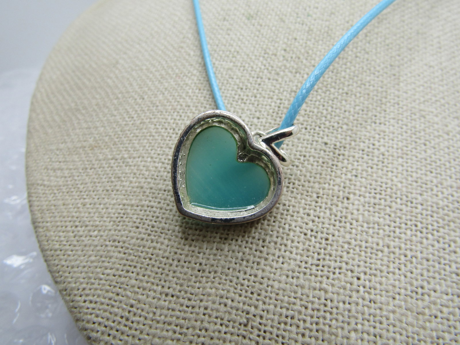 Aqua Faux Mother-of-Pearl Heart Necklace, 20" Aqua Cord - 5