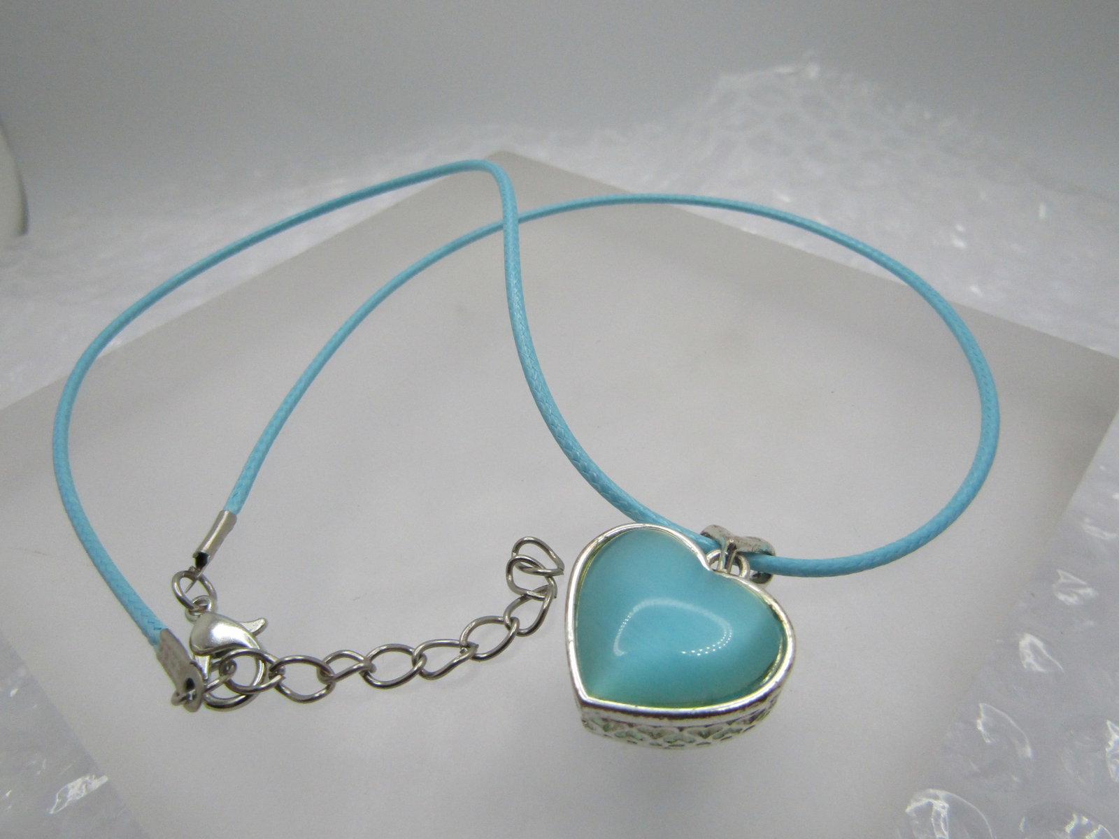 Aqua Faux Mother-of-Pearl Heart Necklace, 20" Aqua Cord - 6