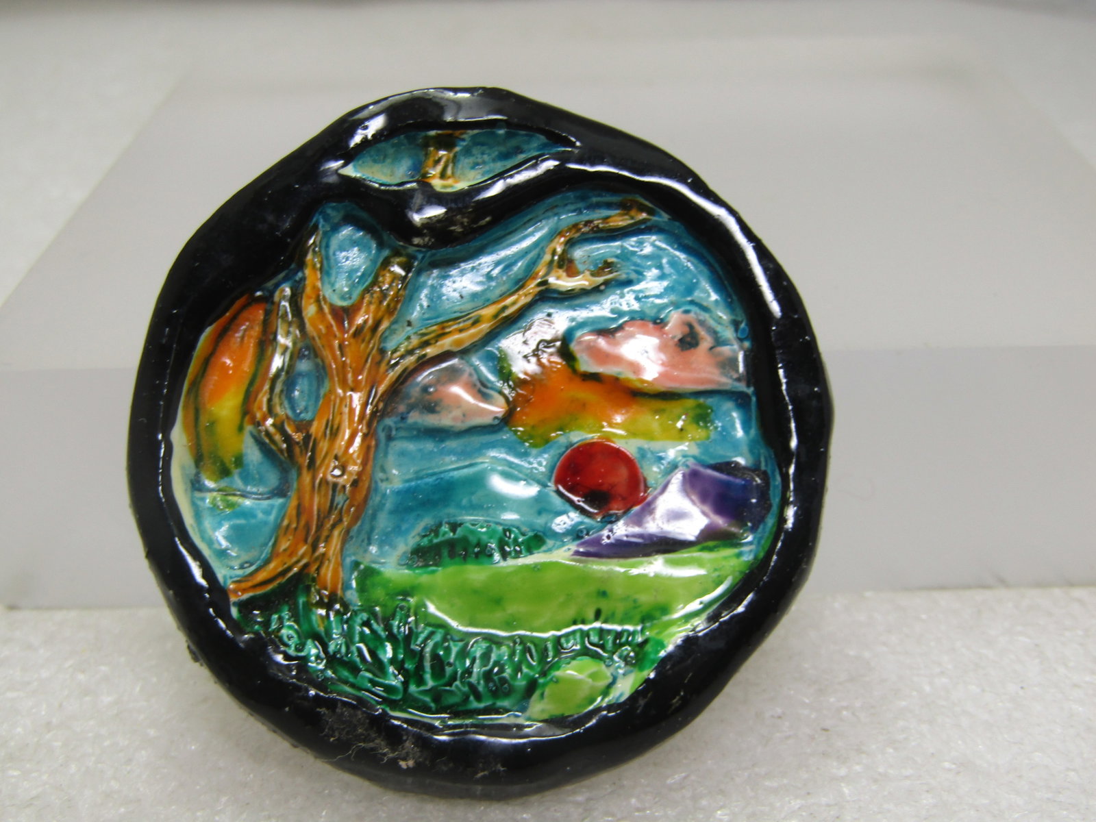 Vintage Faux Carved Scene Brooch, Made in Germany, 1950's-1960's: Title: Vintage Faux Carved Scene Brooch, Made in Germany, 1950's-1960's Description: Vintage Faux Carved Scene Brooch, Made in Germany, 1950's-1960's. This is a scene with bright colors in the scene w