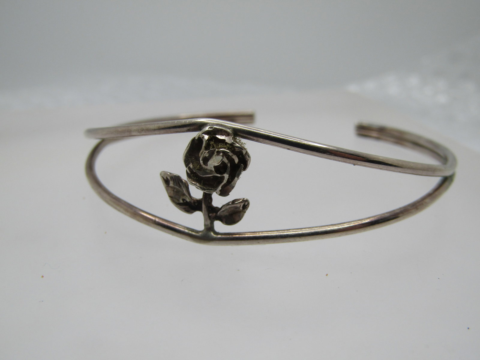 Vintage Sterling Rose Cuff Bracelet, 7", Signed - 2