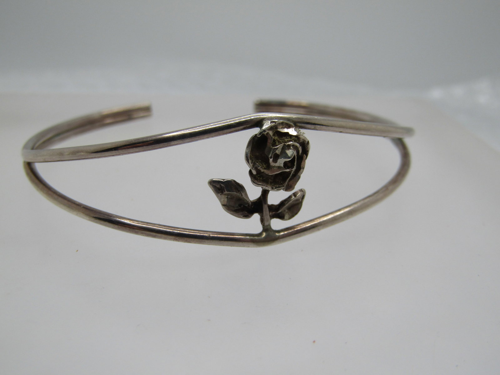 Vintage Sterling Rose Cuff Bracelet, 7", Signed - 3