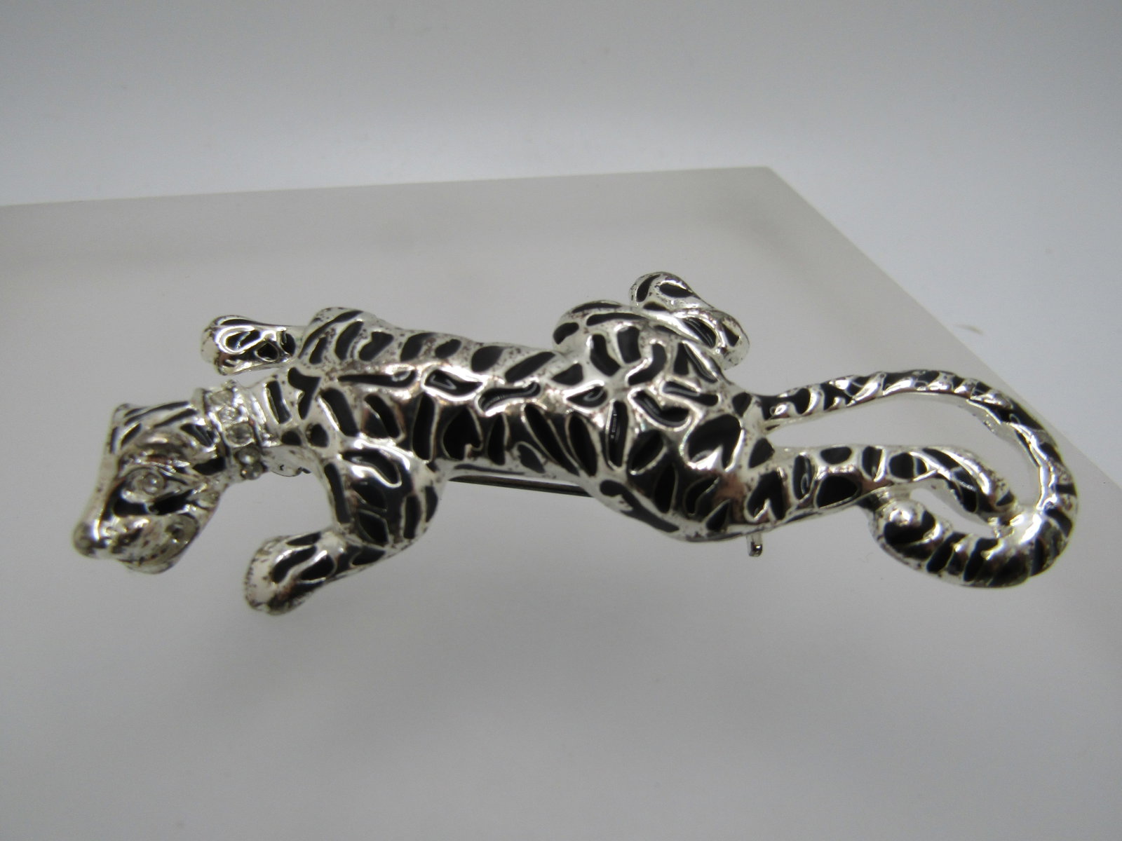 Enameled Tiger Brooch, Rhinestone Collar, 2.5" - 6