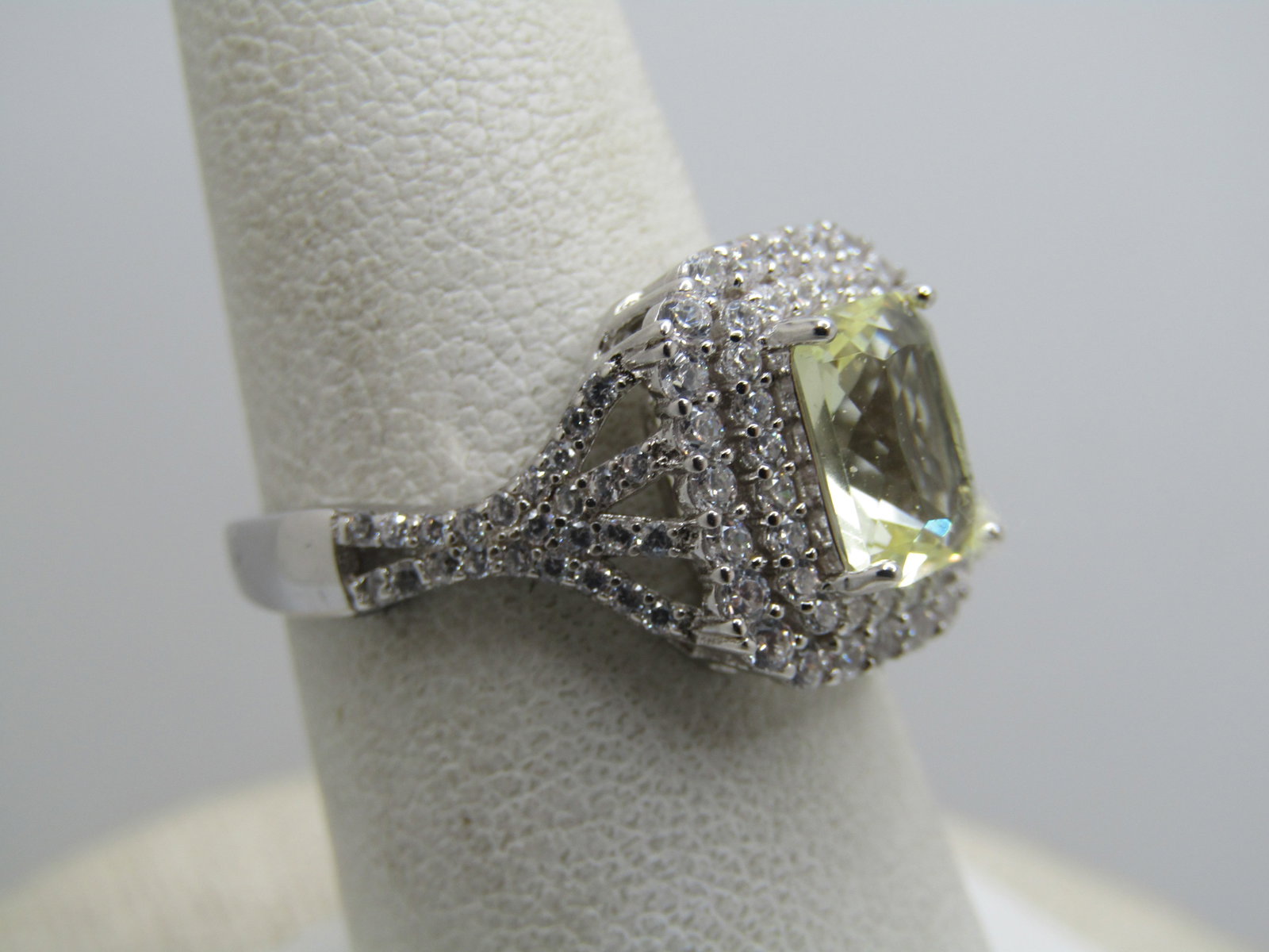 Sterling Yellow and Clear Rhinestone Ring, Halo, Sz. 7.25 Signed - 2
