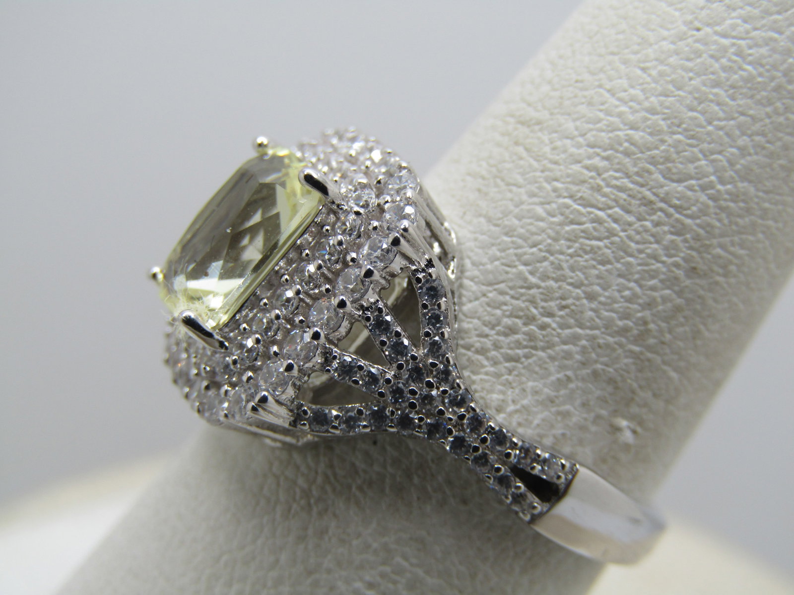 Sterling Yellow and Clear Rhinestone Ring, Halo, Sz. 7.25 Signed - 3