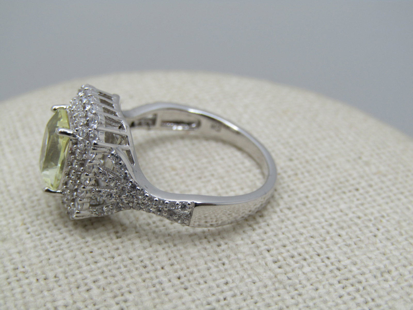 Sterling Yellow and Clear Rhinestone Ring, Halo, Sz. 7.25 Signed - 4