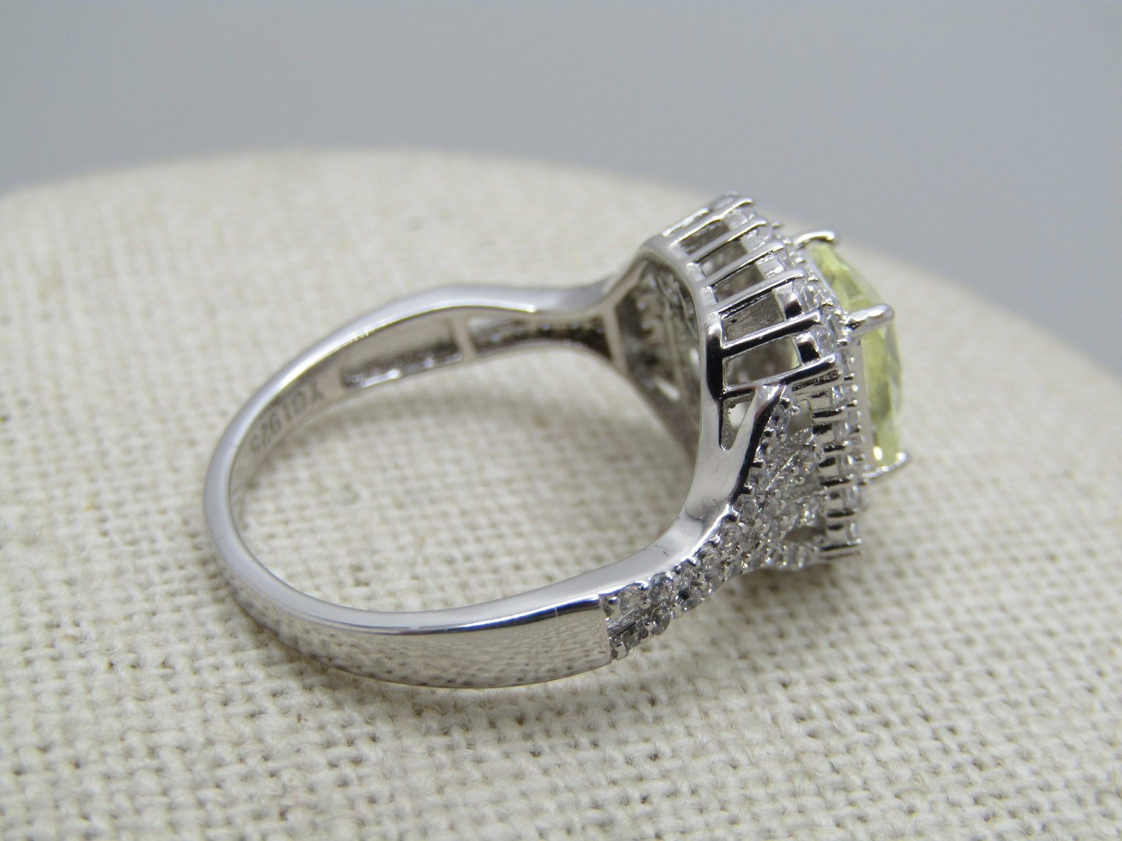 Sterling Yellow and Clear Rhinestone Ring, Halo, Sz. 7.25 Signed - 5