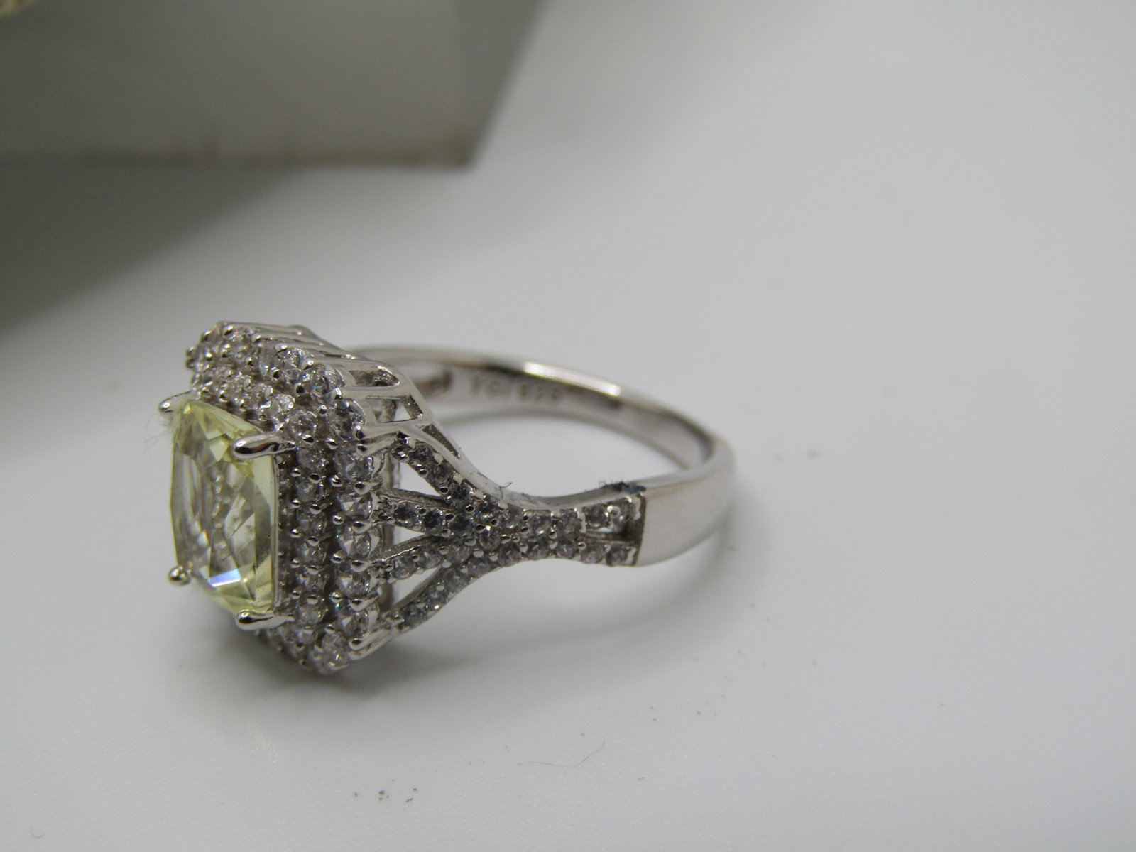 Sterling Yellow and Clear Rhinestone Ring, Halo, Sz. 7.25 Signed - 6