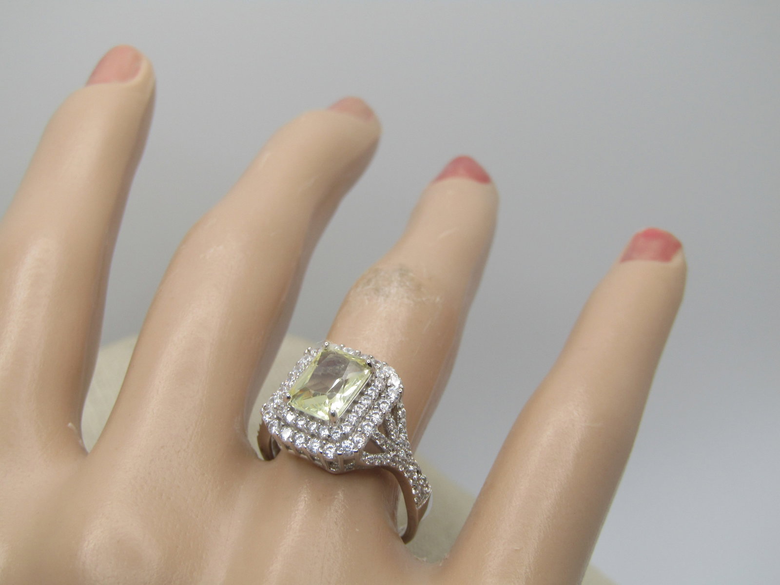 Sterling Yellow and Clear Rhinestone Ring, Halo, Sz. 7.25 Signed - 7