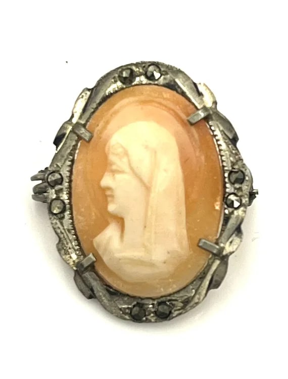 Vintage Silver and Marcasite Mother Mary Cameo Pendant/ Brooch - 2