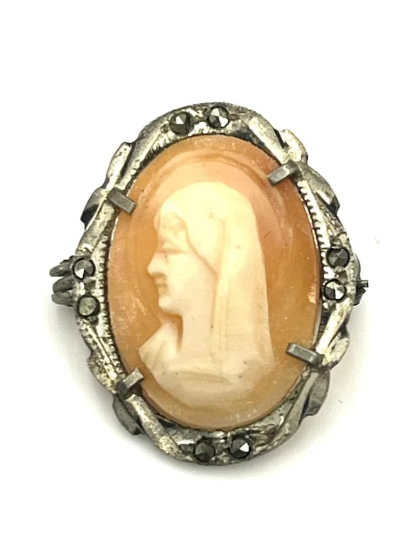 Vintage Silver and Marcasite Mother Mary Cameo Pendant/ Brooch - 3