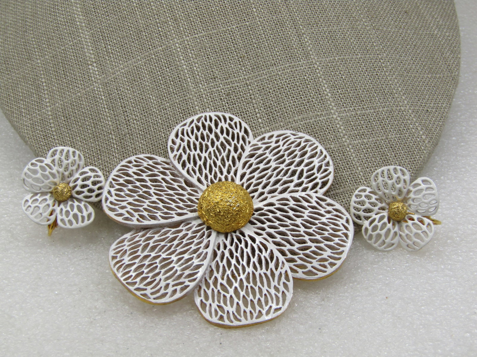 Vintage White Enameled Filigree Floral Brooch and Earring Set, Clip - 2