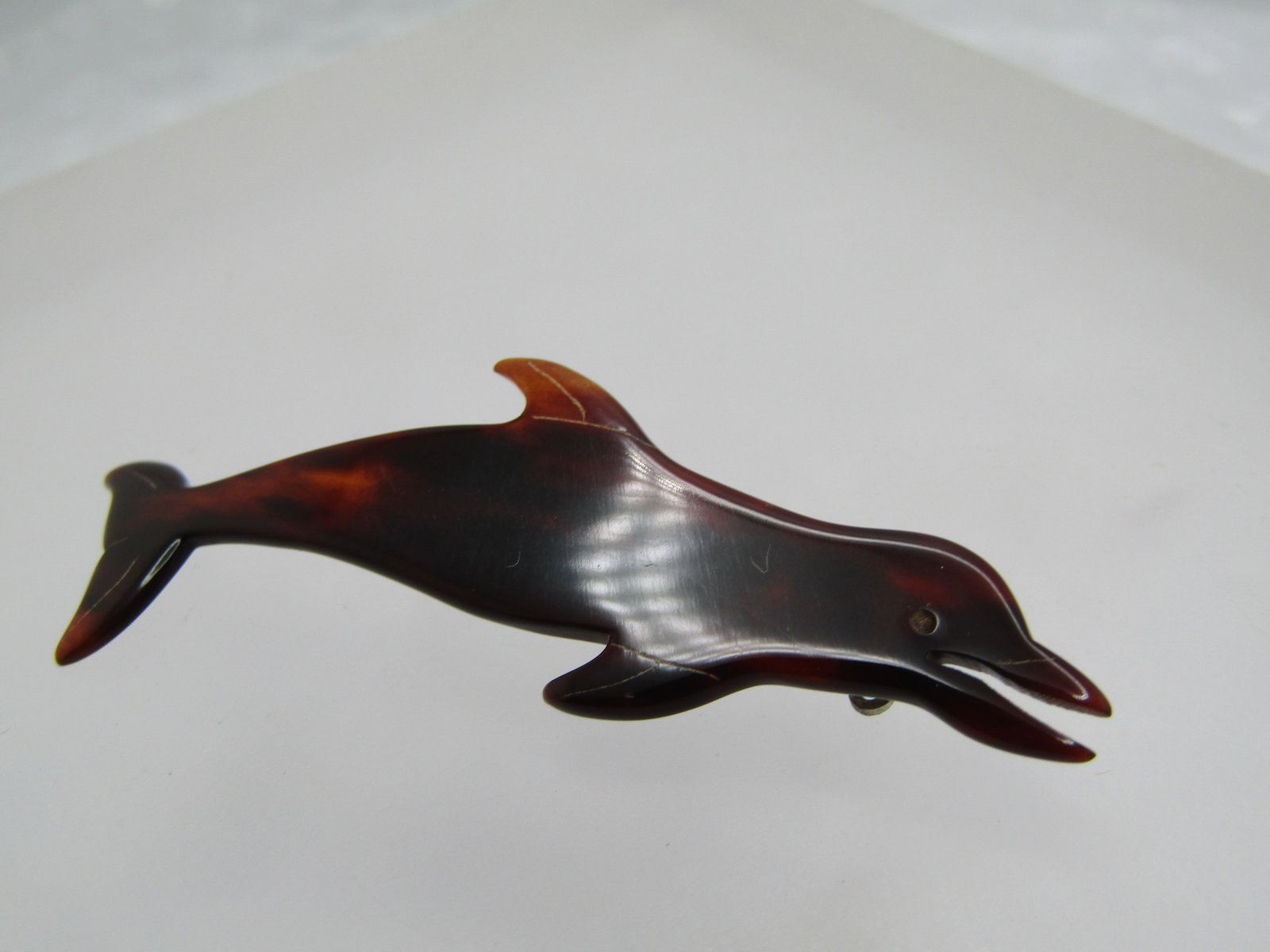 Vintage Tortoiseshell Dolphin Brooch, Carved 1960's - 2
