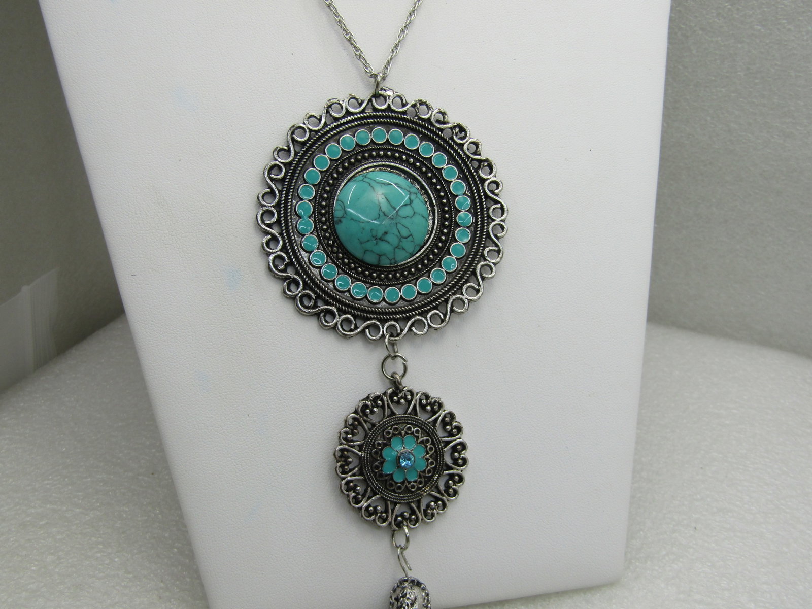 Vintage Southwestern Faux Turquoise and Necklace, 23", 7.5" Tasseled Pendant - 2