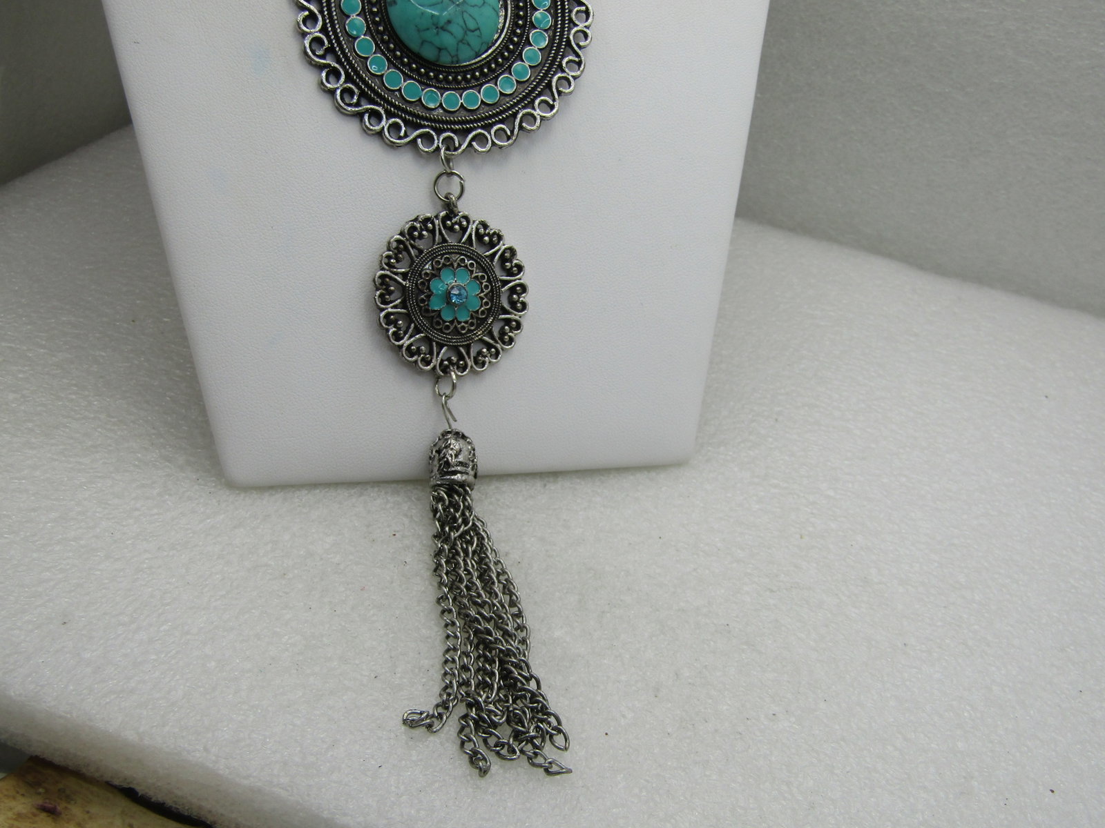 Vintage Southwestern Faux Turquoise and Necklace, 23", 7.5" Tasseled Pendant - 3