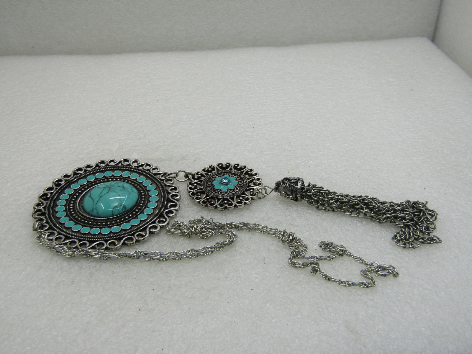 Vintage Southwestern Faux Turquoise and Necklace, 23", 7.5" Tasseled Pendant - 4