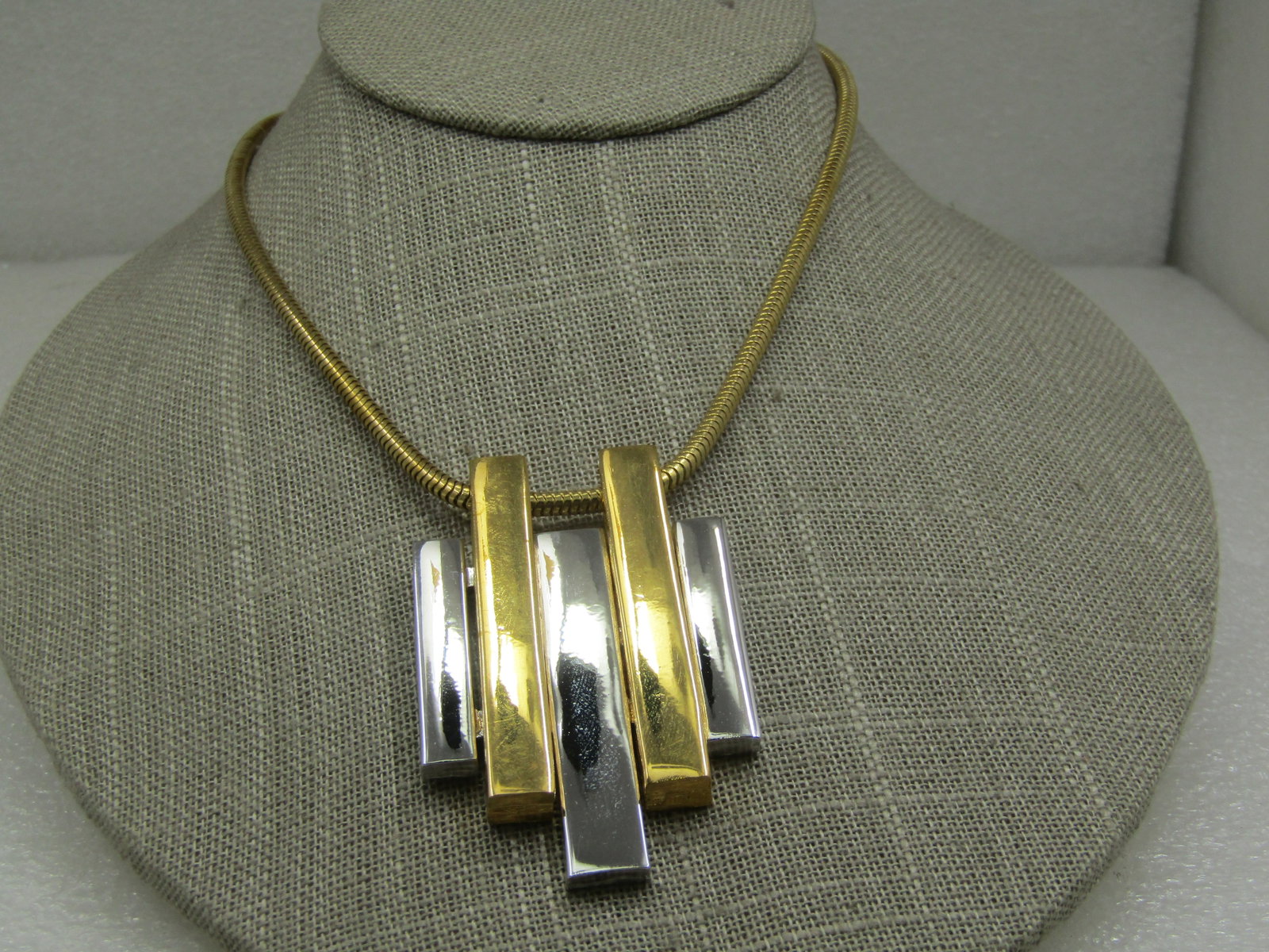 Vintage Two Tone Mod Staggered Bar Necklace, 20" Snake Chain, Avon - 3
