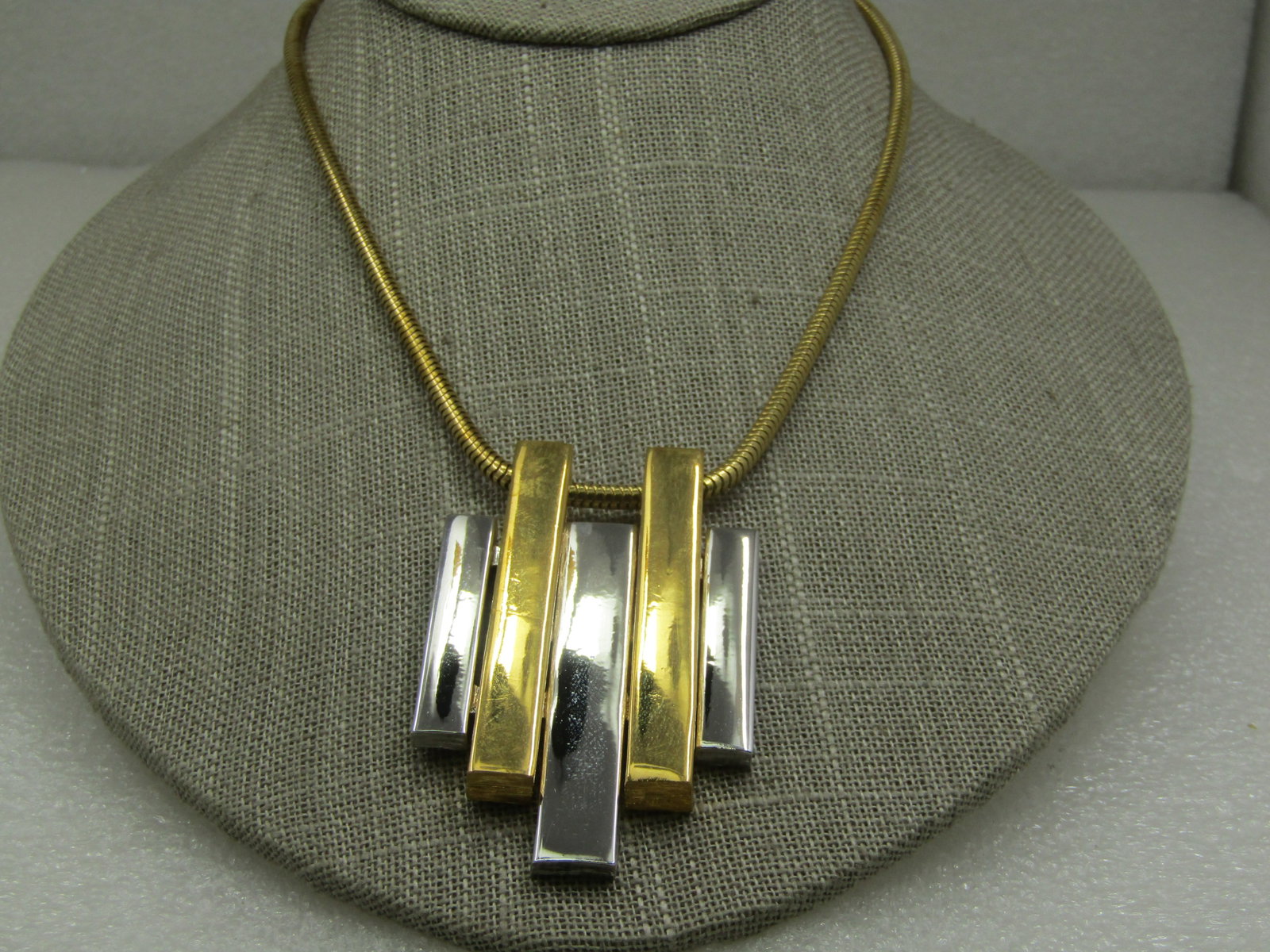 Vintage Two Tone Mod Staggered Bar Necklace, 20" Snake Chain, Avon - 4