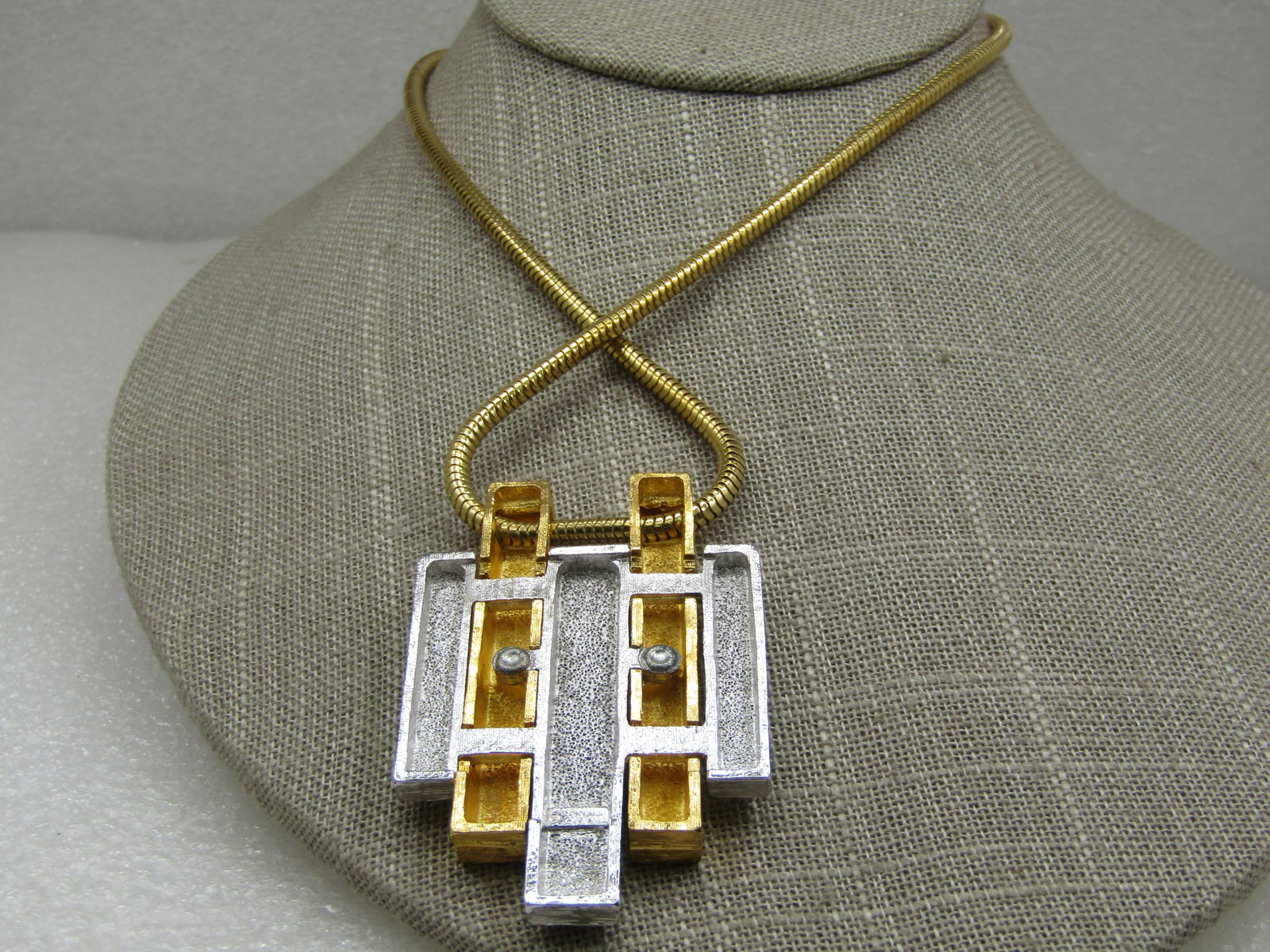 Vintage Two Tone Mod Staggered Bar Necklace, 20" Snake Chain, Avon - 6