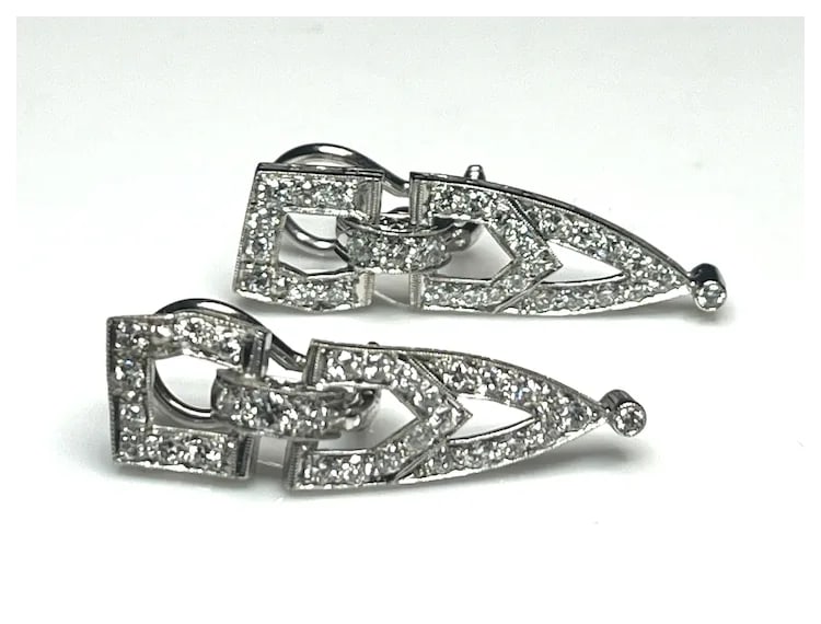 Vintage Platinum Diamond Art Deco Earrings - 2