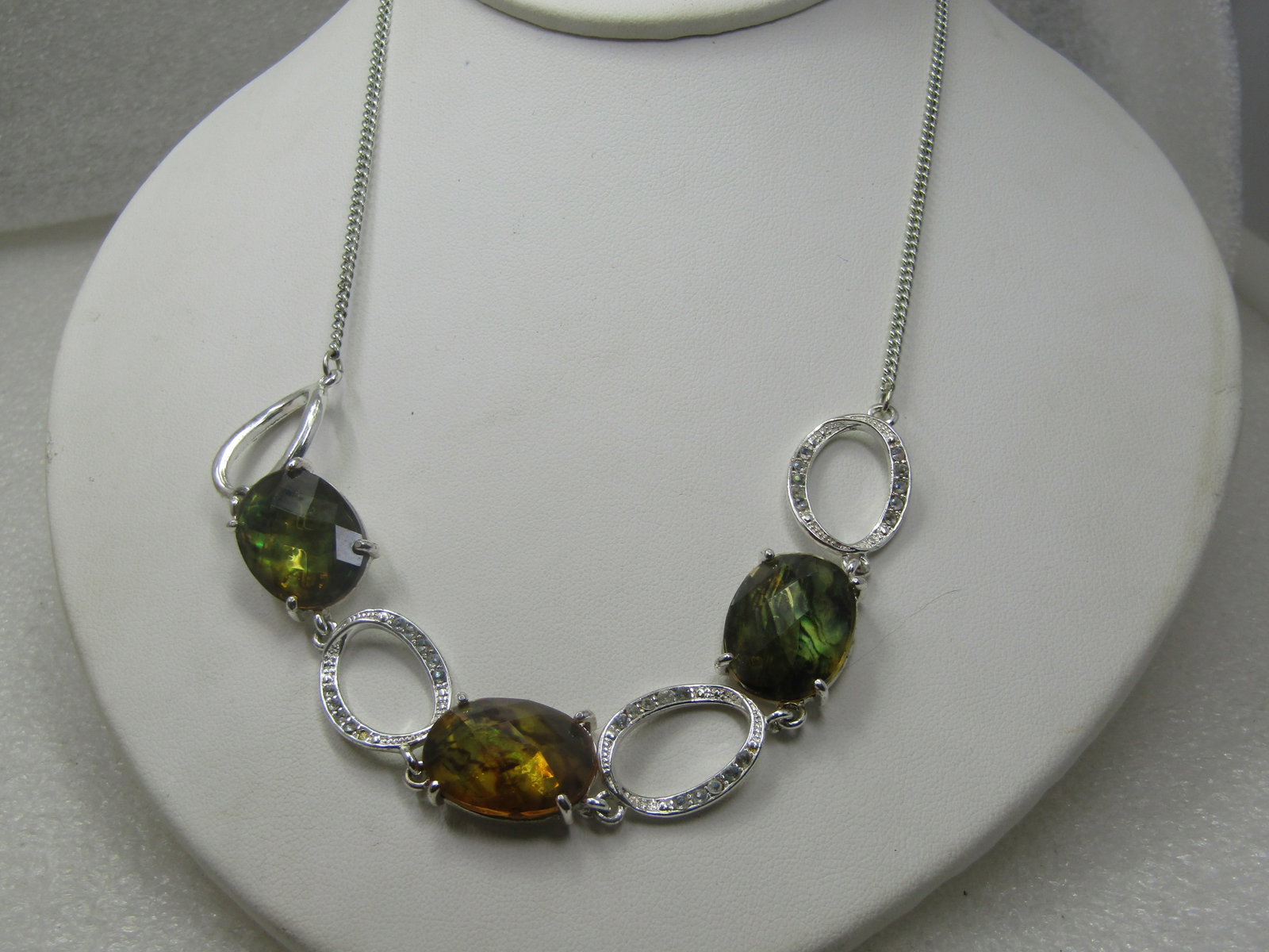 Green and Brown Faux Amber Necklace, 19" Silver Tone, 1990's-2000, Avon - 2