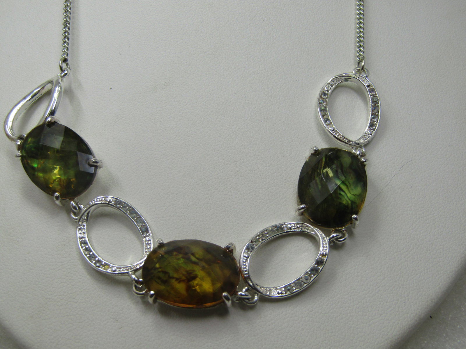 Green and Brown Faux Amber Necklace, 19" Silver Tone, 1990's-2000, Avon - 3