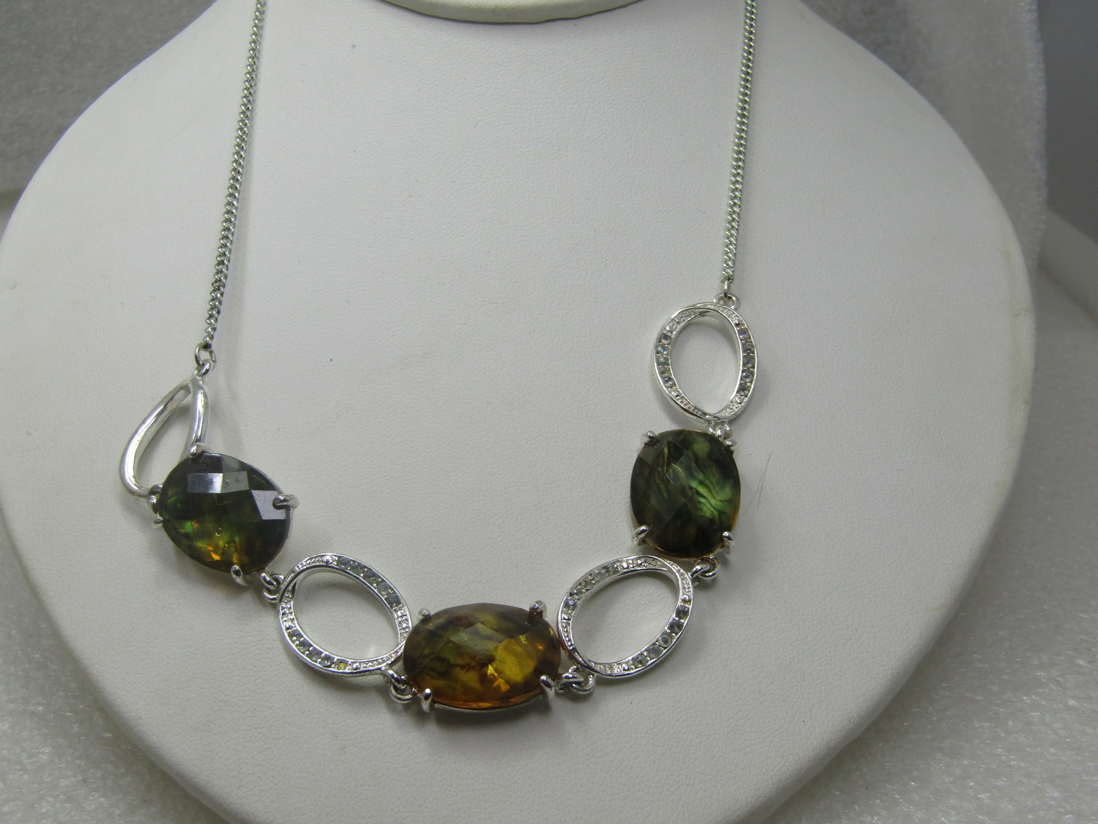 Green and Brown Faux Amber Necklace, 19" Silver Tone, 1990's-2000, Avon - 7