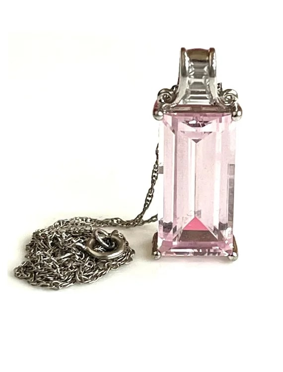Estate Light Pink Rectangle Stone Sterling Silver Necklace - 2