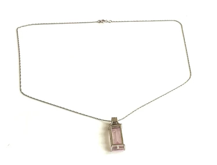 Estate Light Pink Rectangle Stone Sterling Silver Necklace - 4