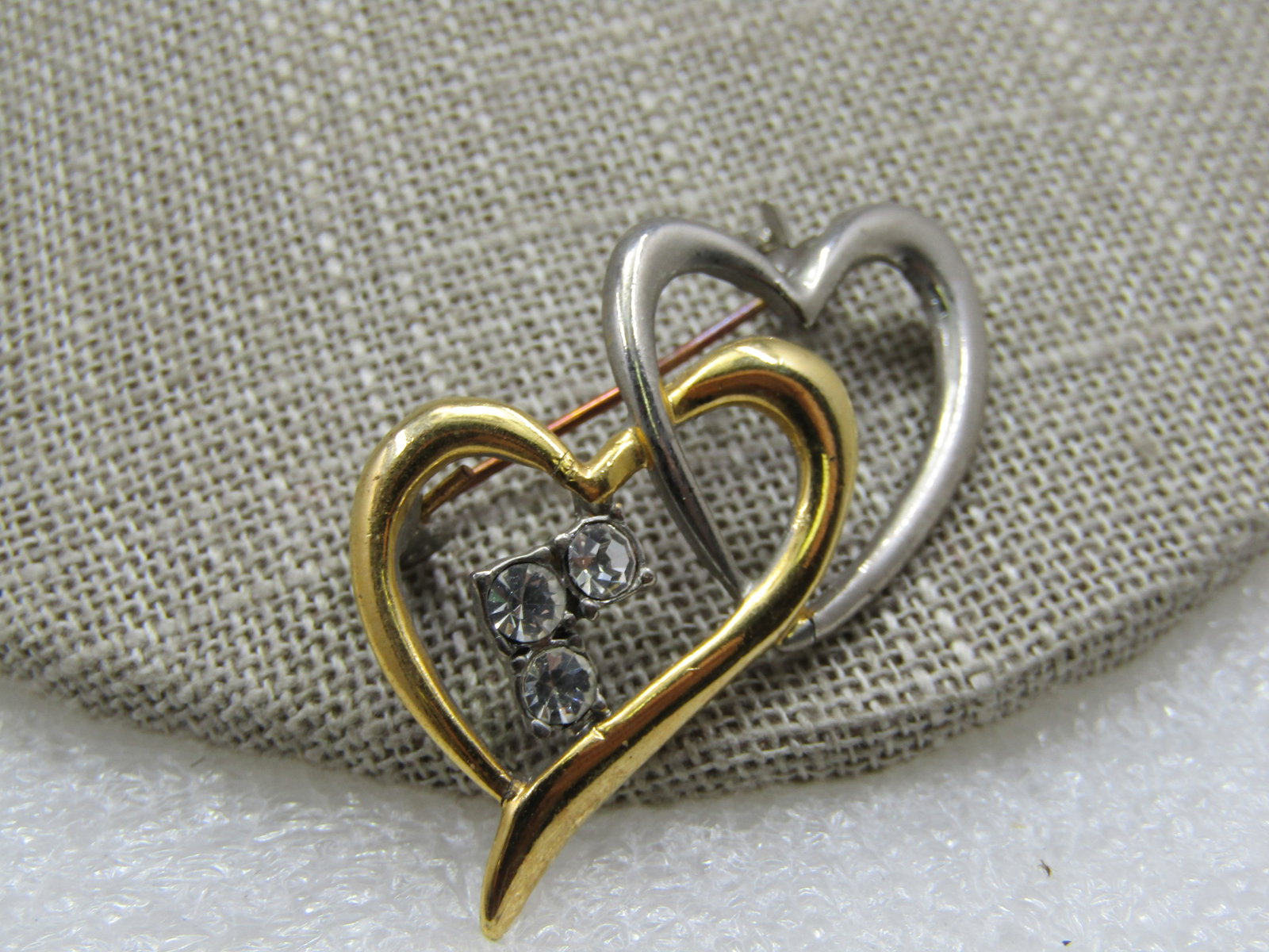 Vintage Two-Tone Double Heart Brooch, Rhinestones, 1980's - 2