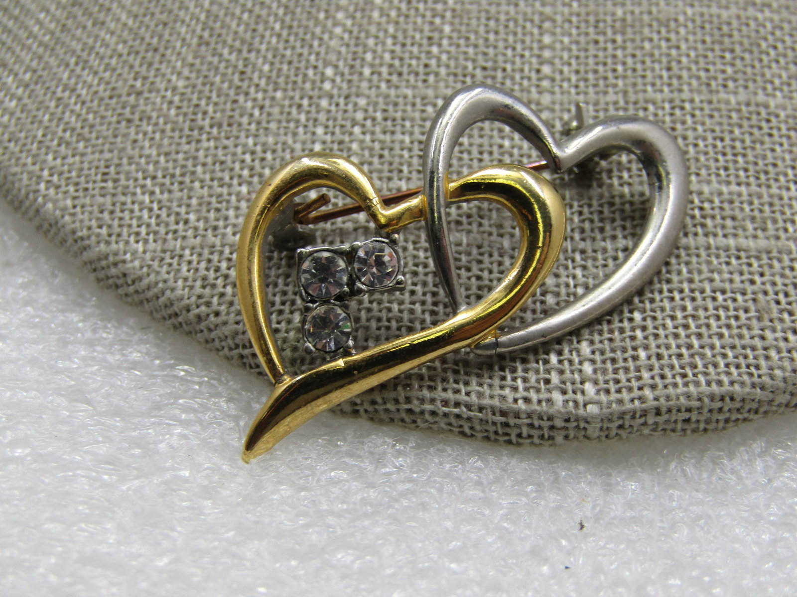 Vintage Two-Tone Double Heart Brooch, Rhinestones, 1980's - 3