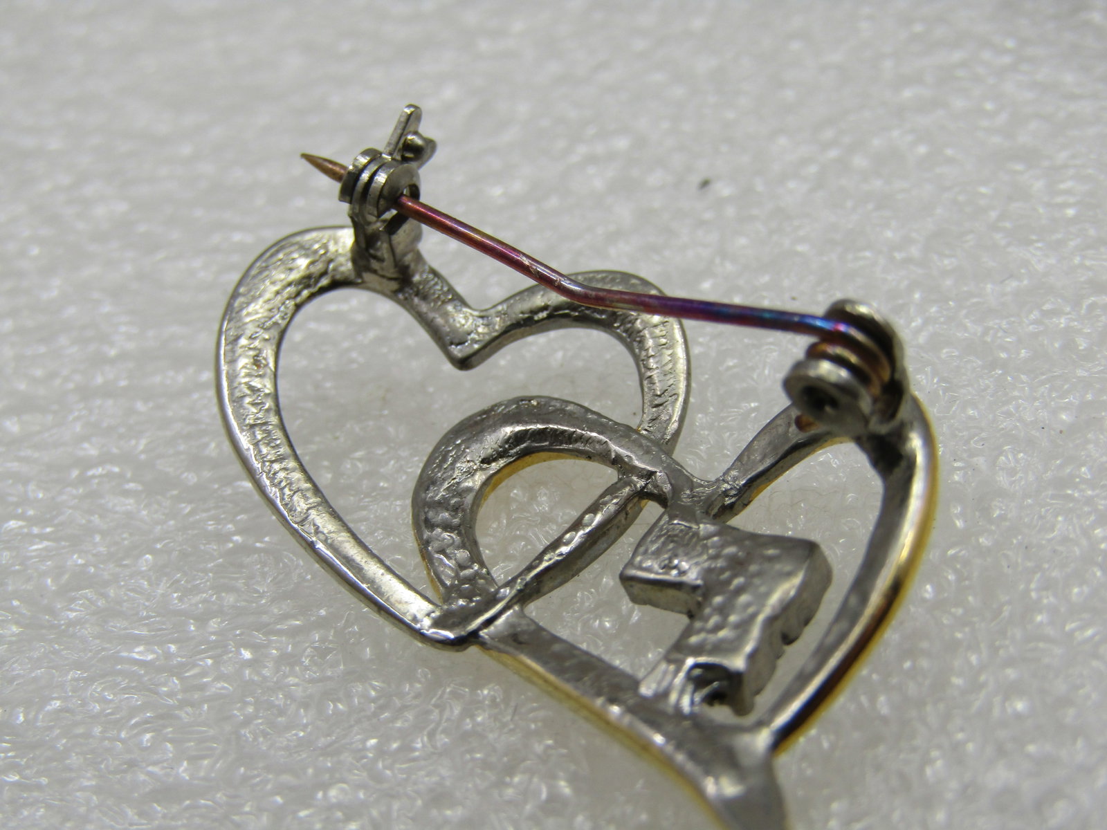 Vintage Two-Tone Double Heart Brooch, Rhinestones, 1980's - 5